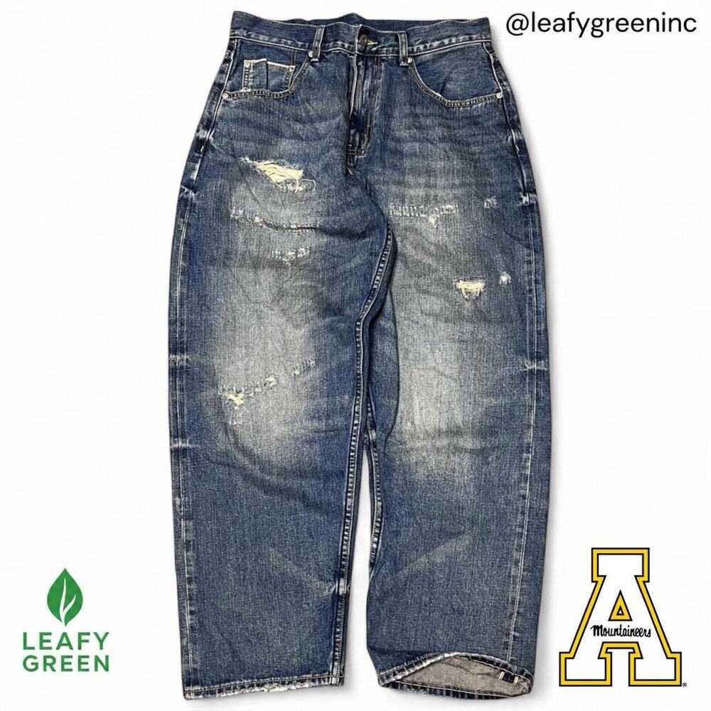 VTG 90s Distressed Selvedge Whisker Honeycomb Baggy Jeans us sz 32x28 Light Wash